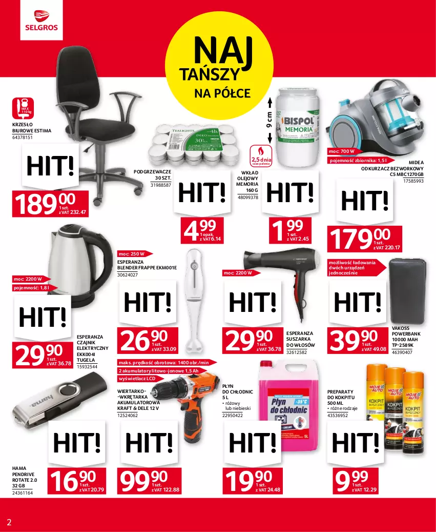 Gazetka promocyjna Selgros - Oferta przemysłowa - ważna 18.05 do 31.05.2023 - strona 2 - produkty: Akumulator, Biuro, Blender, Czajnik, Czajnik elektryczny, Hama, Krzesło, Odkurzacz, Olej, Pendrive, Płyn do chłodnic, Podgrzewacze, Powerbank, Suszarka, Tarka, Wkład olejowy, Wkręt, Wkrętarka