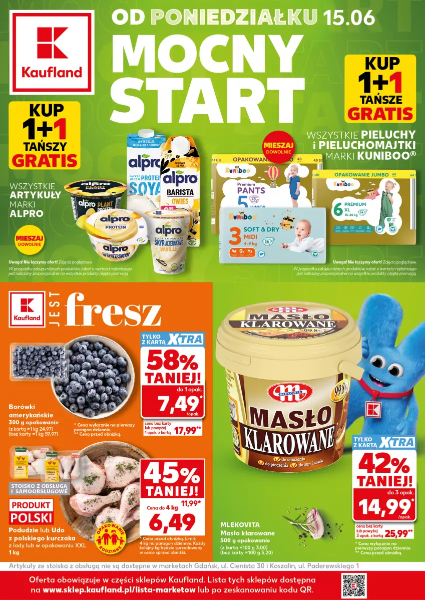 Gazetka promocyjna Kaufland - Mocny Start - ważna 15.06 do 17.06.2026 - strona 1 - produkty: Kurczak, Majtki, Masło, Masło klarowane, Mleko, Mlekovita, Olej, Pieluchomajtki, Pieluchy, Waga