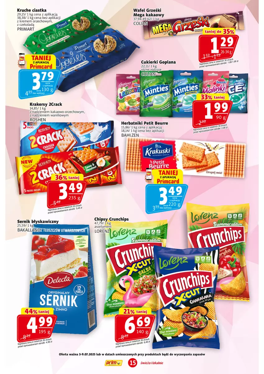 Gazetka promocyjna Prim Market - ważna 03.07 do 09.07.2025 - strona 15 - produkty: Chipsy, Ciastka, Crunchips, Cukier, Cukierki, Gin, Goplana, Grześki, Herbatniki, Herbatniki Petit Beurre, Kakao, Krakersy, LANA, Lorenz, Prima, Ser
