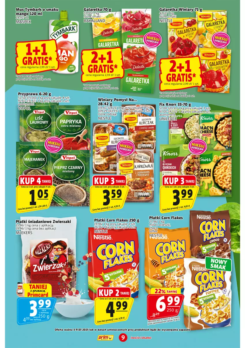 Gazetka promocyjna Prim Market - ważna 03.07 do 09.07.2025 - strona 9 - produkty: Bakalland, Corn flakes, Danio, Gala, Galaretka, Gra, Knorr, Mango, Miód, Mus, Orzeszki, Por, Tymbark, Winiary