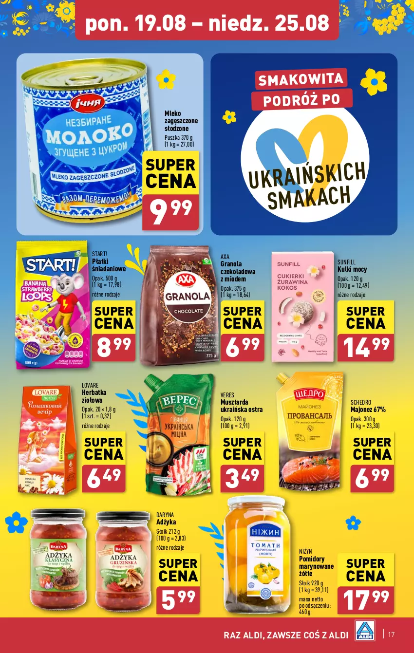 Gazetka promocyjna Aldi - Pełna oferta - ważna 19.08 do 25.08.2024 - strona 17 - produkty: Danio, Gra, Granola, Majonez, Mleko, Mleko zagęszczone, Mus, Musztarda, Pomidory, Smakowita