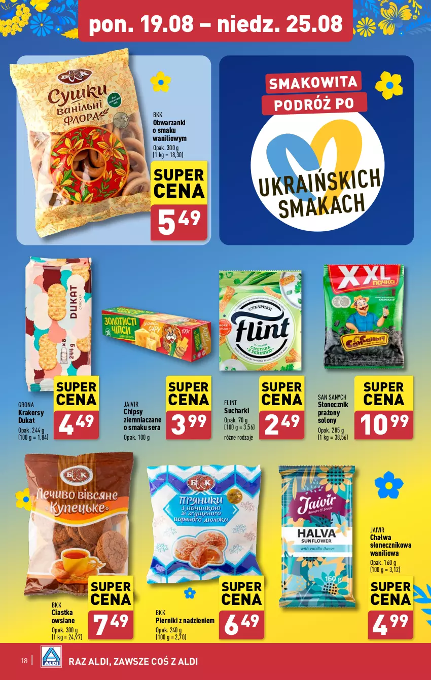 Gazetka promocyjna Aldi - Pełna oferta - ważna 19.08 do 25.08.2024 - strona 18 - produkty: Chałwa, Chipsy, Ciastka, Ciastka owsiane, Krakersy, Piernik, Ser, Słonecznik prażony, Smakowita