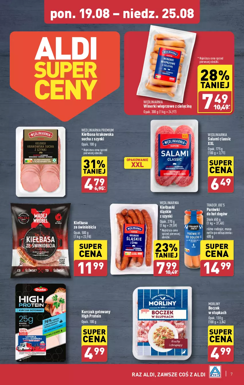 Gazetka promocyjna Aldi - Pełna oferta - ważna 19.08 do 25.08.2024 - strona 7 - produkty: BIC, Boczek, Hot dog, Kiełbasa, Kiełbasa krakowska, Kiełbaski śląskie, Kurczak, Kurczak gotowany, Morliny, Parówki, Salami