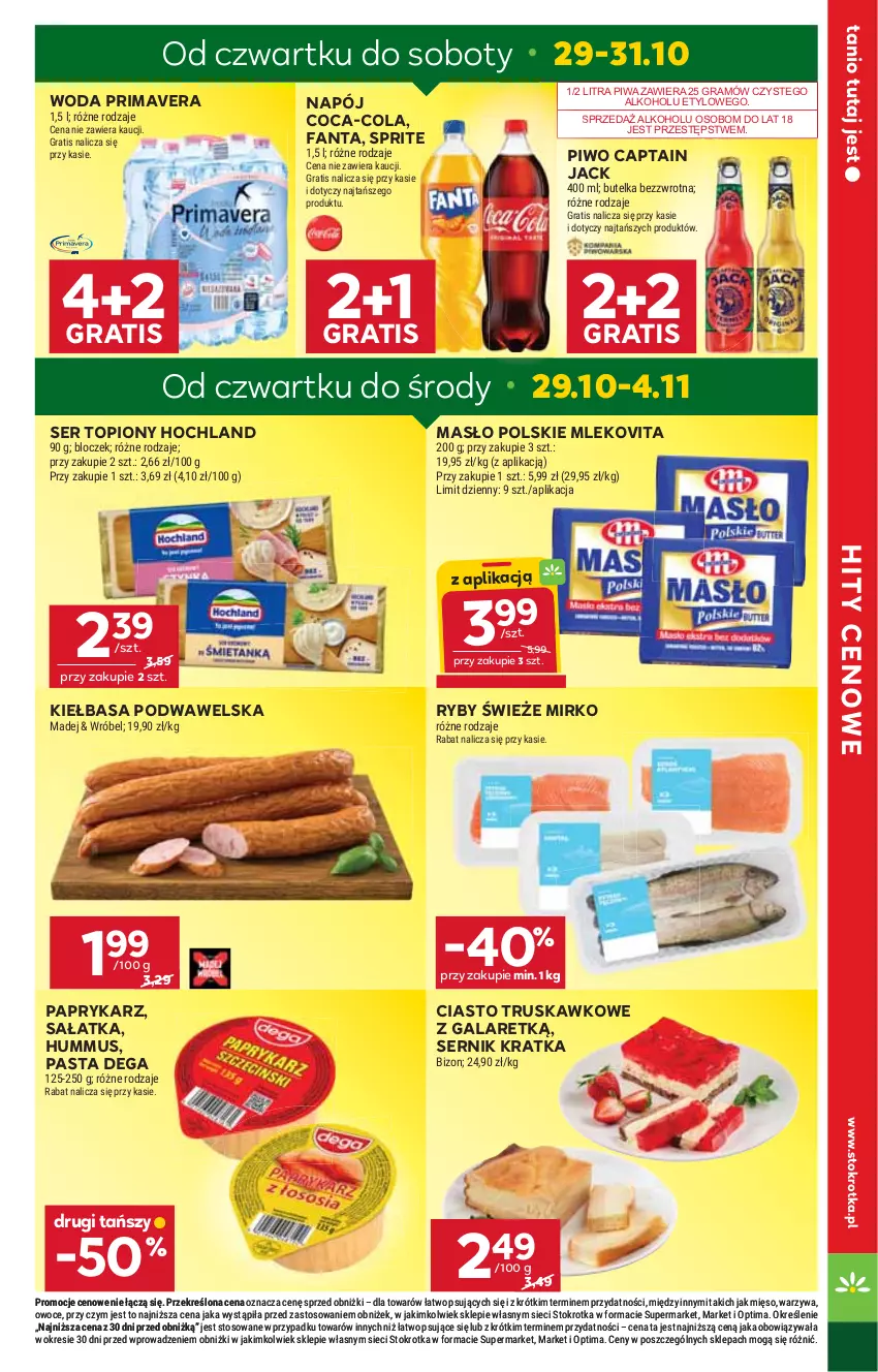 Gazetka promocyjna Stokrotka - Supermarket - ważna 29.10 do 04.11.2026 - strona 6 - produkty: Captain Jack, Coca-Cola, Dega, Fa, Fanta, Gala, Gra, Hochland, Hummus, Kiełbasa, Kiełbasa podwawelska, Masło, Mięso, Mleko, Mlekovita, Mus, Napój, Optima, Owoce, Papryka, Paprykarz, Piwa, Piwo, Prima, Primavera, Sałat, Sałatka, Ser, Ser topiony, Sprite, Top, Warzywa, Wawel, Woda