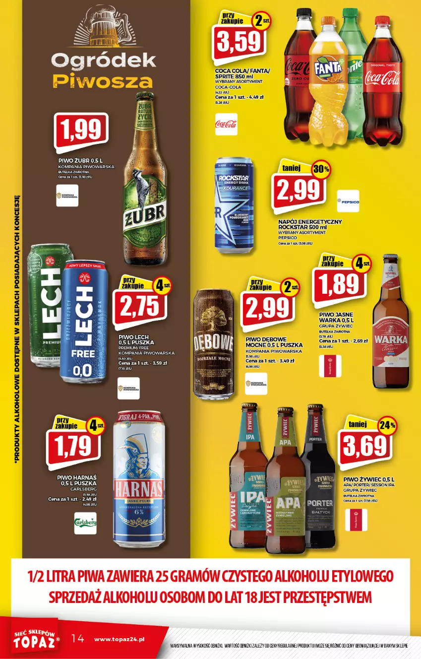 Gazetka promocyjna Topaz - Gazetka - ważna 16.10 do 20.10.2021 - strona 14 - produkty: Carlsberg, Coca-Cola, Fa, Fanta, Gra, Harnaś, Napój, Napój energetyczny, Piwa, Piwo, Por, SESSIO, Sok, Sprite, Top, Warka