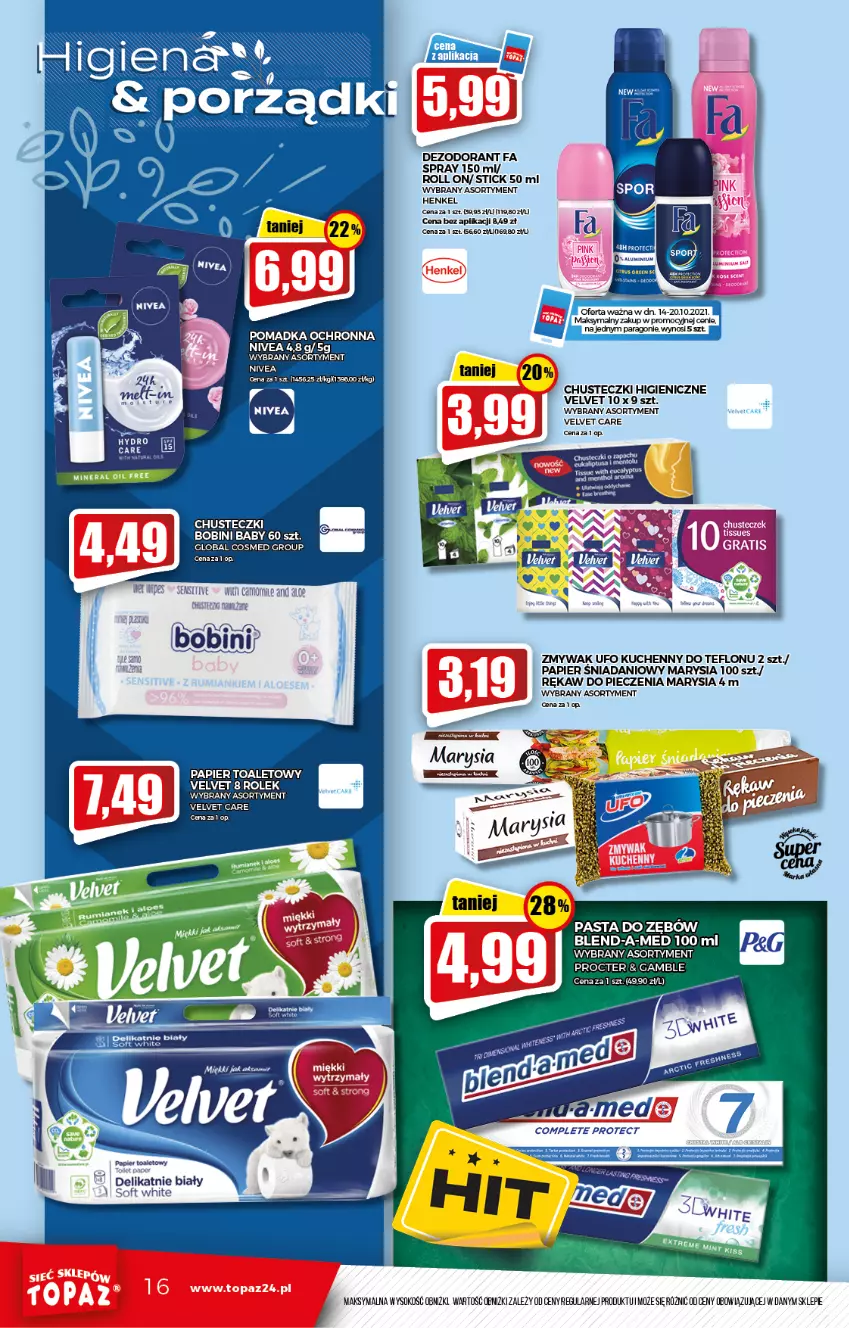 Gazetka promocyjna Topaz - Gazetka - ważna 16.10 do 20.10.2021 - strona 16 - produkty: Blend-a-Med, Chusteczki, Danio, Dezodorant, Fa, Nivea, Papier, Papier toaletowy, Pasta do zębów, Piec, Rękaw do pieczenia, Ser, Sok, Velvet