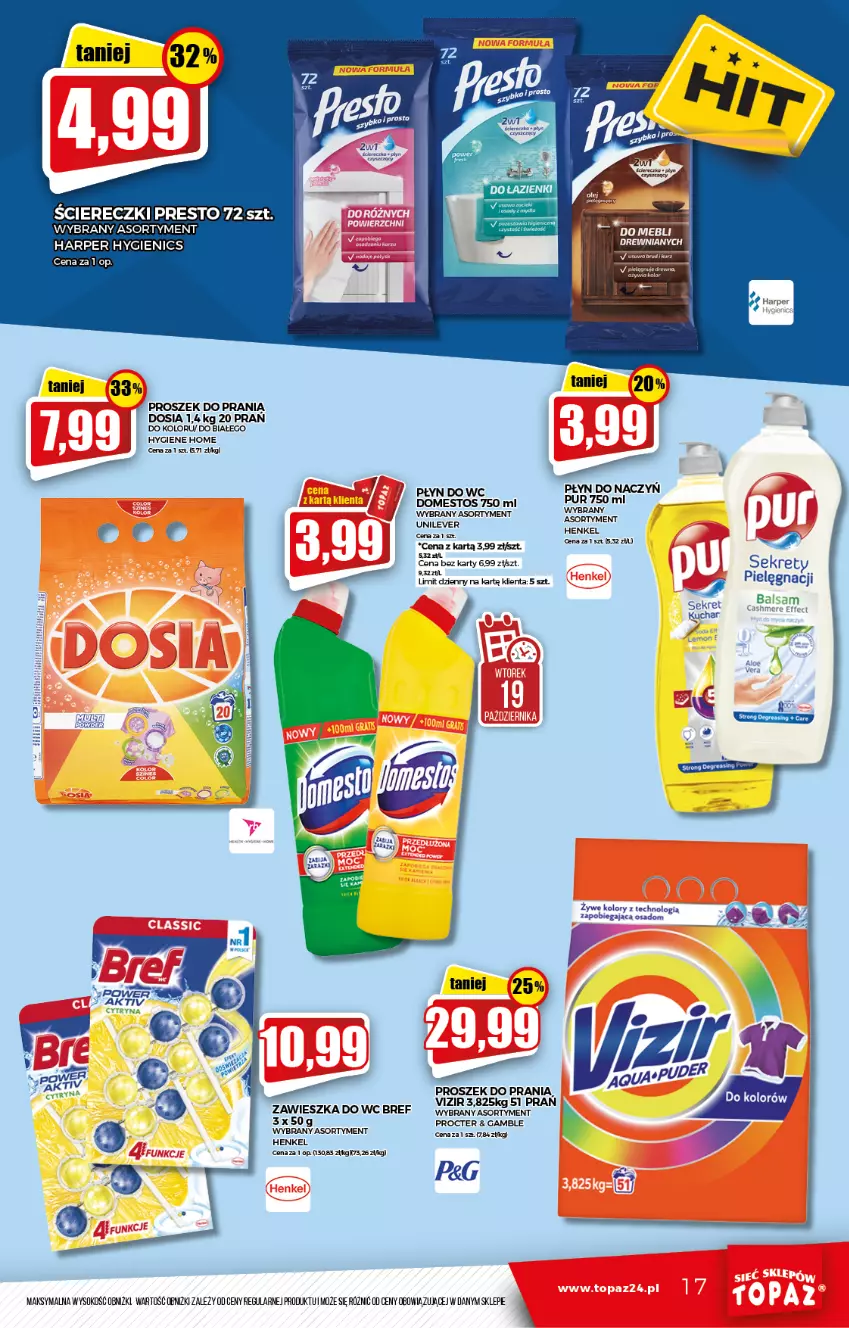 Gazetka promocyjna Topaz - Gazetka - ważna 16.10 do 20.10.2021 - strona 17 - produkty: Bref, Domestos, Kret, Płyn do wc, Presto, Proszek do prania, Puder, Pur, Sok, Vizir, Zawieszka do wc