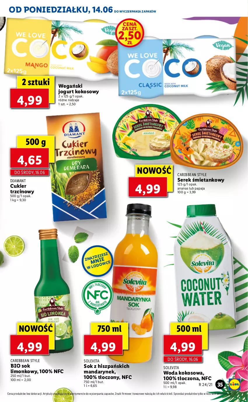 Gazetka promocyjna Lidl - GAZETKA - ważna 14.06 do 16.06.2021 - strona 35 - produkty: Ananas, Cukier, Cukier trzcinowy, Diamant, Jogurt, Kokos, Papaja, Ser, Serek, Sok, Woda