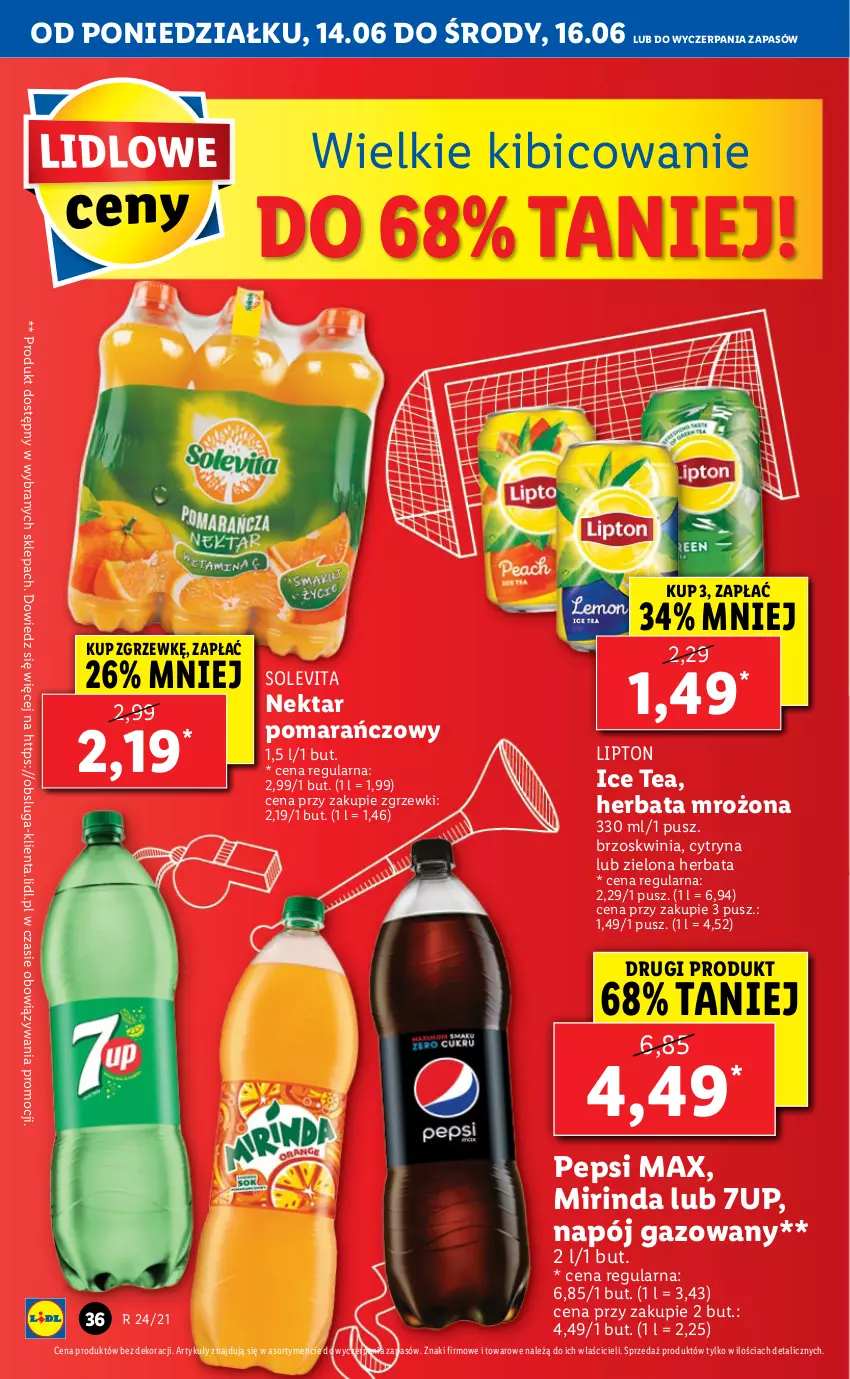 Gazetka promocyjna Lidl - GAZETKA - ważna 14.06 do 16.06.2021 - strona 36 - produkty: 7up, BIC, Herbata, Ice tea, Lipton, Mirinda, Napój, Napój gazowany, Nektar, Pepsi, Pepsi max