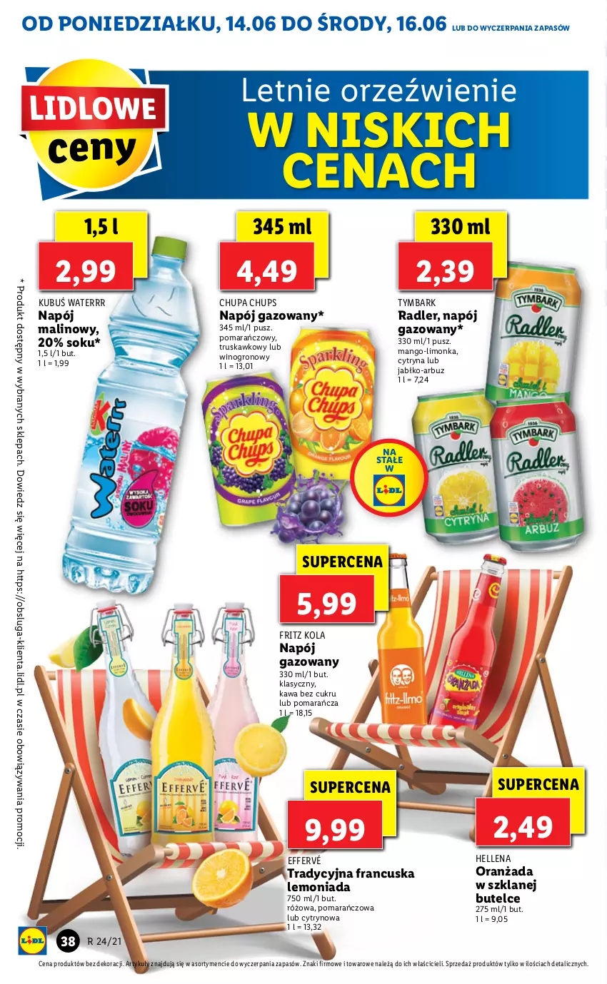 Gazetka promocyjna Lidl - GAZETKA - ważna 14.06 do 16.06.2021 - strona 38 - produkty: Arbuz, Chupa Chups, Hellena, Kawa, Kubuś, Kubuś Waterrr, Lemoniada, Limonka, Mango, Napój, Napój gazowany, Oranżada, Radler, Sok, Tymbark, Wino