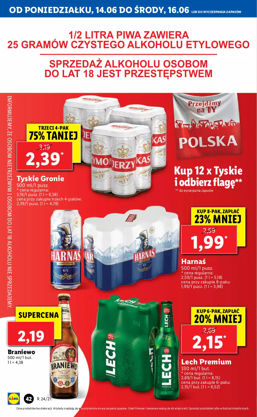 Gazetka promocyjna Lidl - GAZETKA - ważna 14.06 do 16.06.2021 - strona 42 - produkty: Harnaś, Lech Premium, Tyskie