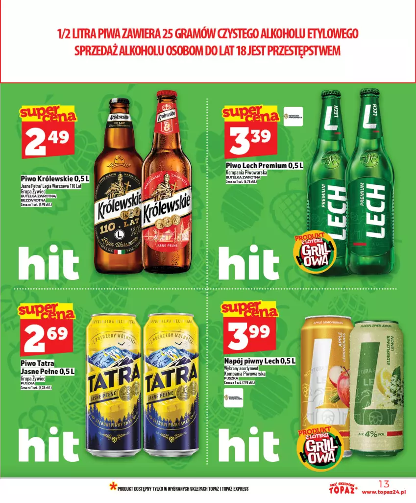 Gazetka promocyjna Topaz - Gazetka - ważna 21.05 do 27.05.2026 - strona 13 - produkty: Gra, Królewski, Lech Premium, Napój, Piwa, Piwo, Tatra, Top