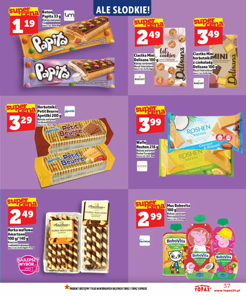 Gazetka promocyjna Topaz - Gazetka - ważna 21.05 do 27.05.2026 - strona 37 - produkty: Baton, BoboVita, Ciastka, Herbatniki, Herbatniki Petit Beurre, Isana, Kakao, Kiwi, Mus, Top, Wafle