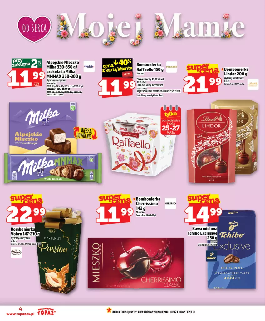 Gazetka promocyjna Topaz - Gazetka - ważna 21.05 do 27.05.2026 - strona 4 - produkty: Czekolada, Fa, Gin, Lindor, Miecz, Milka, Raffaello, Tchibo, Top