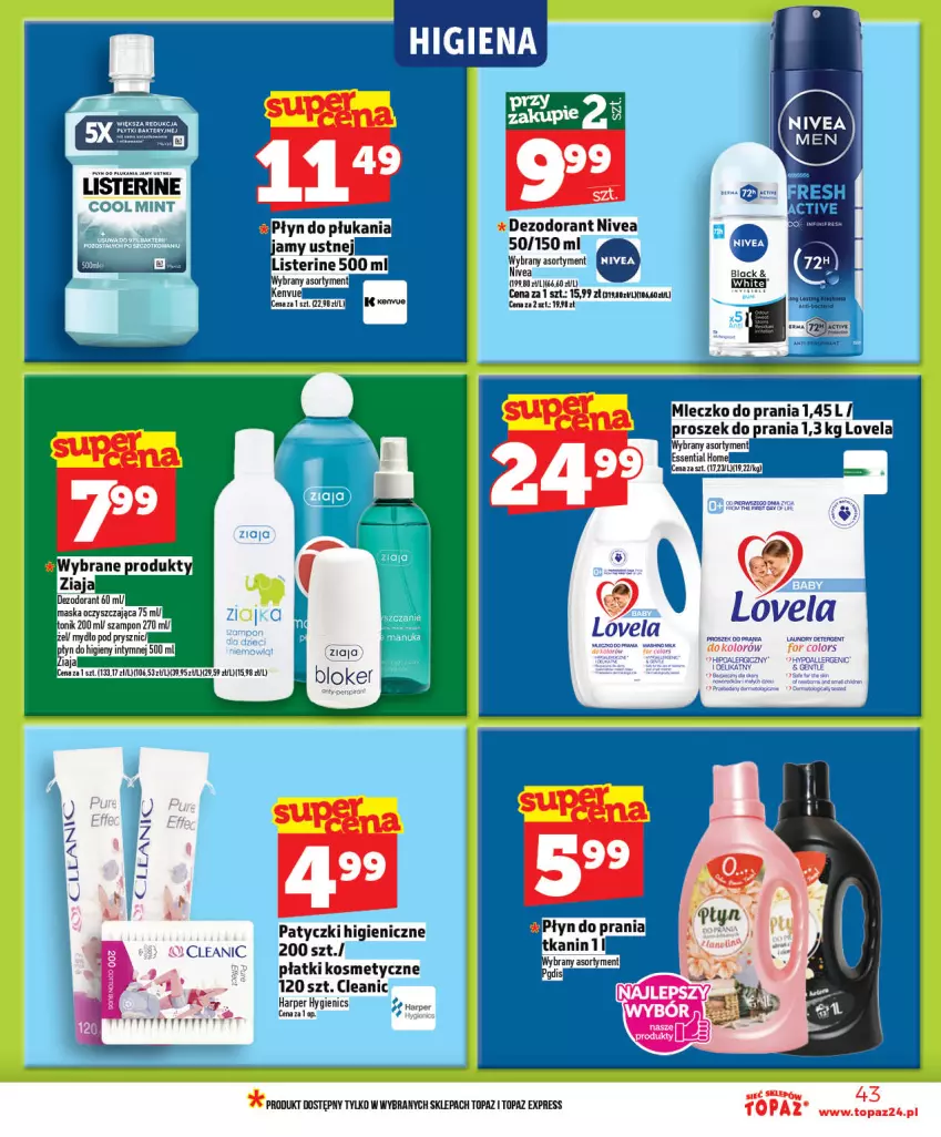 Gazetka promocyjna Topaz - Gazetka - ważna 21.05 do 27.05.2026 - strona 43 - produkty: Cleanic, Dezodorant, Karp, Listerine, Lovela, Mleczko, Mleczko do prania, Nivea, Płatki kosmetyczne, Płyn do płukania, Proszek do prania, Top