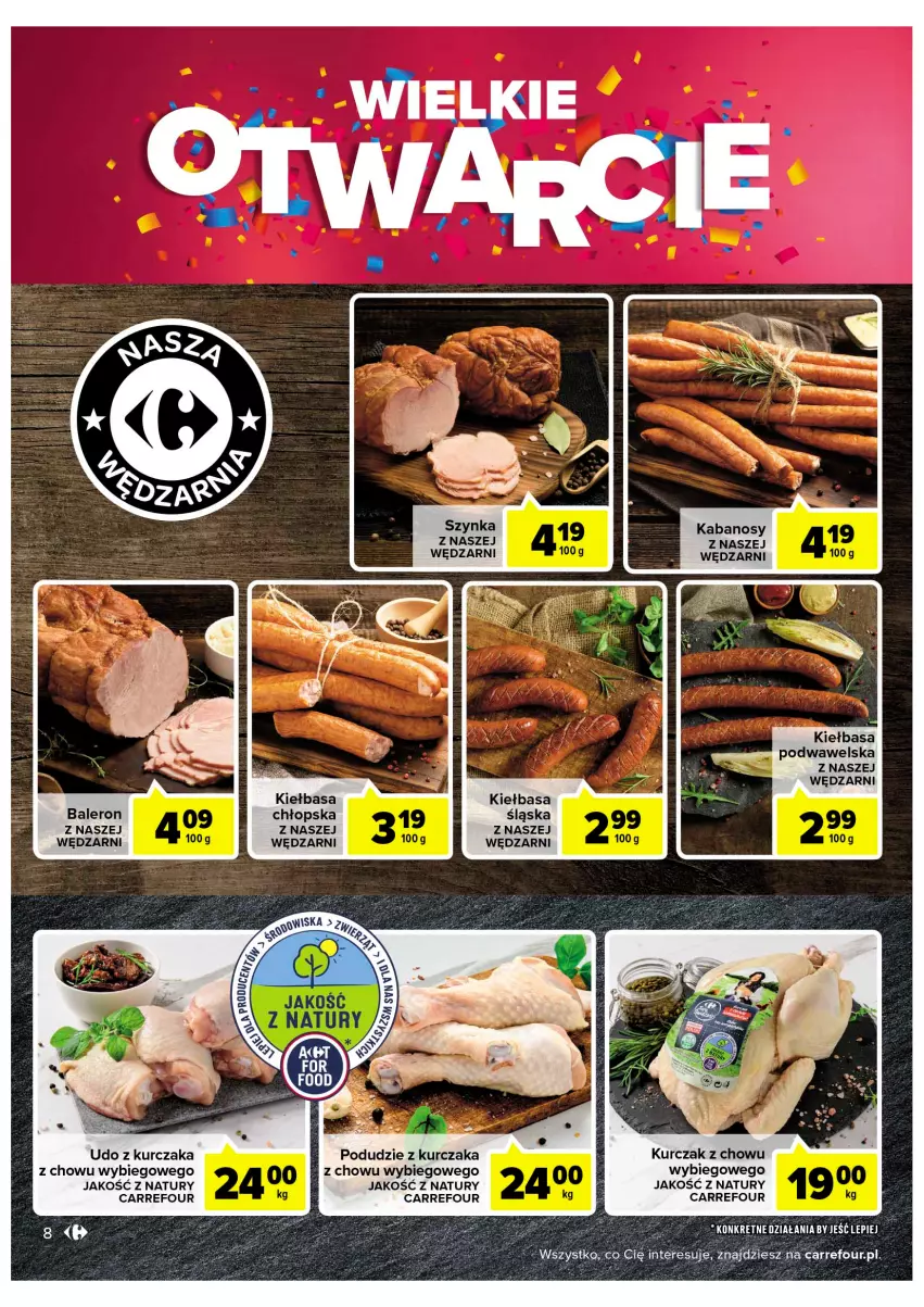 Gazetka promocyjna Carrefour - Gazetka Wielkie Otwarcie Market Lubin - ważna 15.09 do 24.09.2022 - strona 8 - produkty: Kabanos, Kiełbasa, Kiełbasa podwawelska, Kiełbasa śląska, Kurczak, Podudzie z kurczaka, Szynka, Udo z kurczaka, Wawel