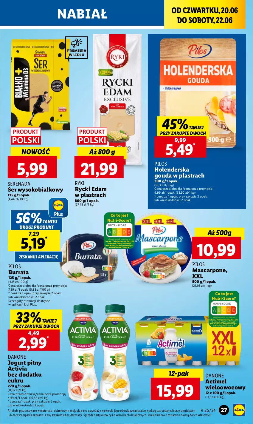 Gazetka promocyjna Lidl - GAZETKA - ważna 20.06 do 22.06.2024 - strona 33 - produkty: Actimel, Activia, Burrata, Danone, Edam, Gouda, Jogurt, Jogurt pitny, Mascarpone, Pilos, Rycki Edam, Ser, Sok, Wazon