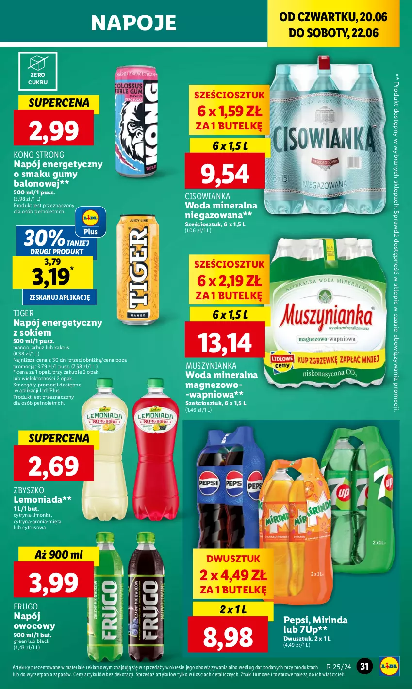 Gazetka promocyjna Lidl - GAZETKA - ważna 20.06 do 22.06.2024 - strona 39 - produkty: 7up, Arbuz, Aronia, Cisowianka, Kaktus, Lack, Lemoniada, Limonka, Magnez, Mango, Mięta, Mirinda, Mus, Muszynianka, Napój, Napój energetyczny, Napoje, Pepsi, Sok, Tiger, Woda, Woda mineralna