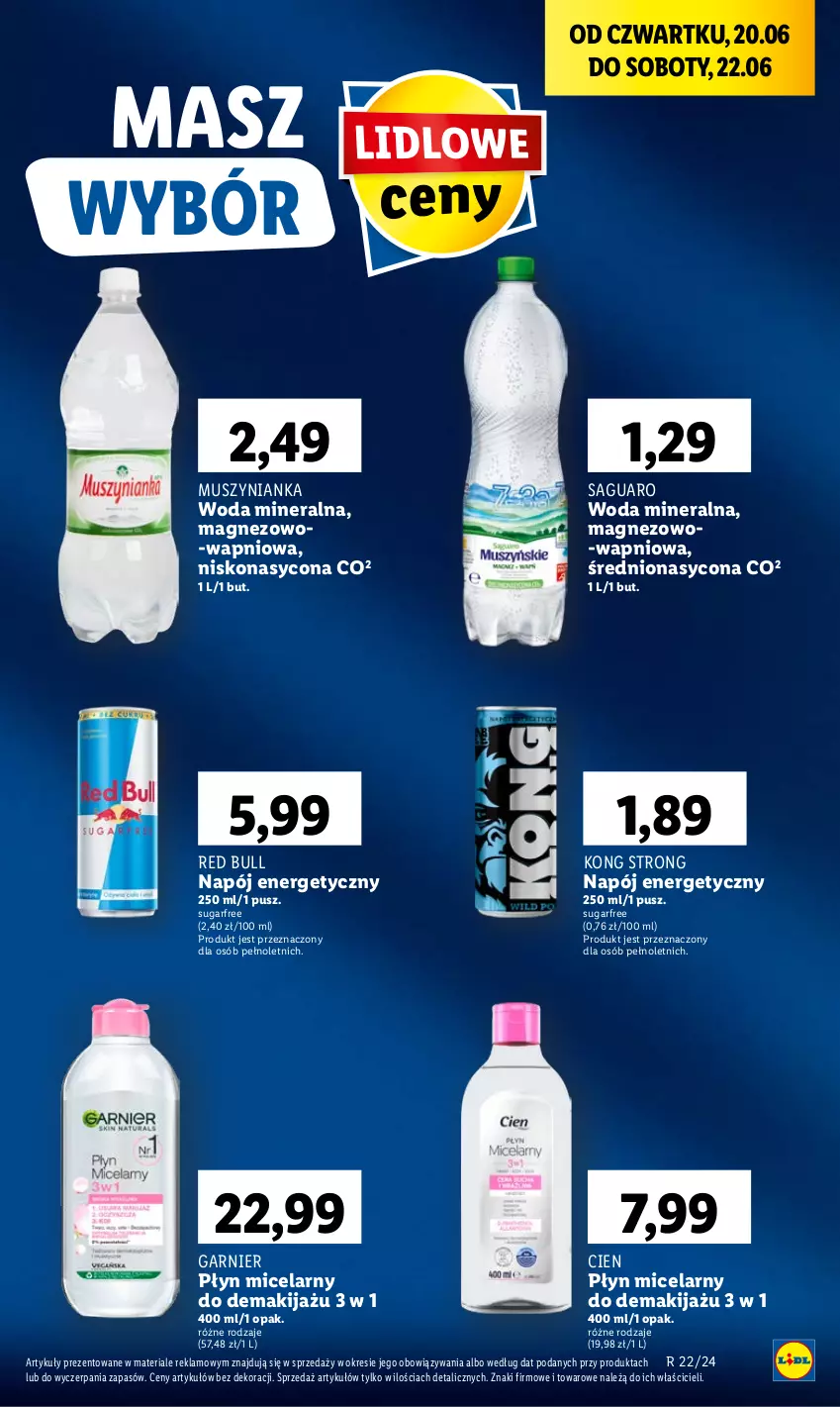 Gazetka promocyjna Lidl - GAZETKA - ważna 20.06 do 22.06.2024 - strona 49 - produkty: Garnier, Magnez, Makijaż, Mus, Muszynianka, Napój, Napój energetyczny, Płyn micelarny, Red Bull, Woda, Woda mineralna