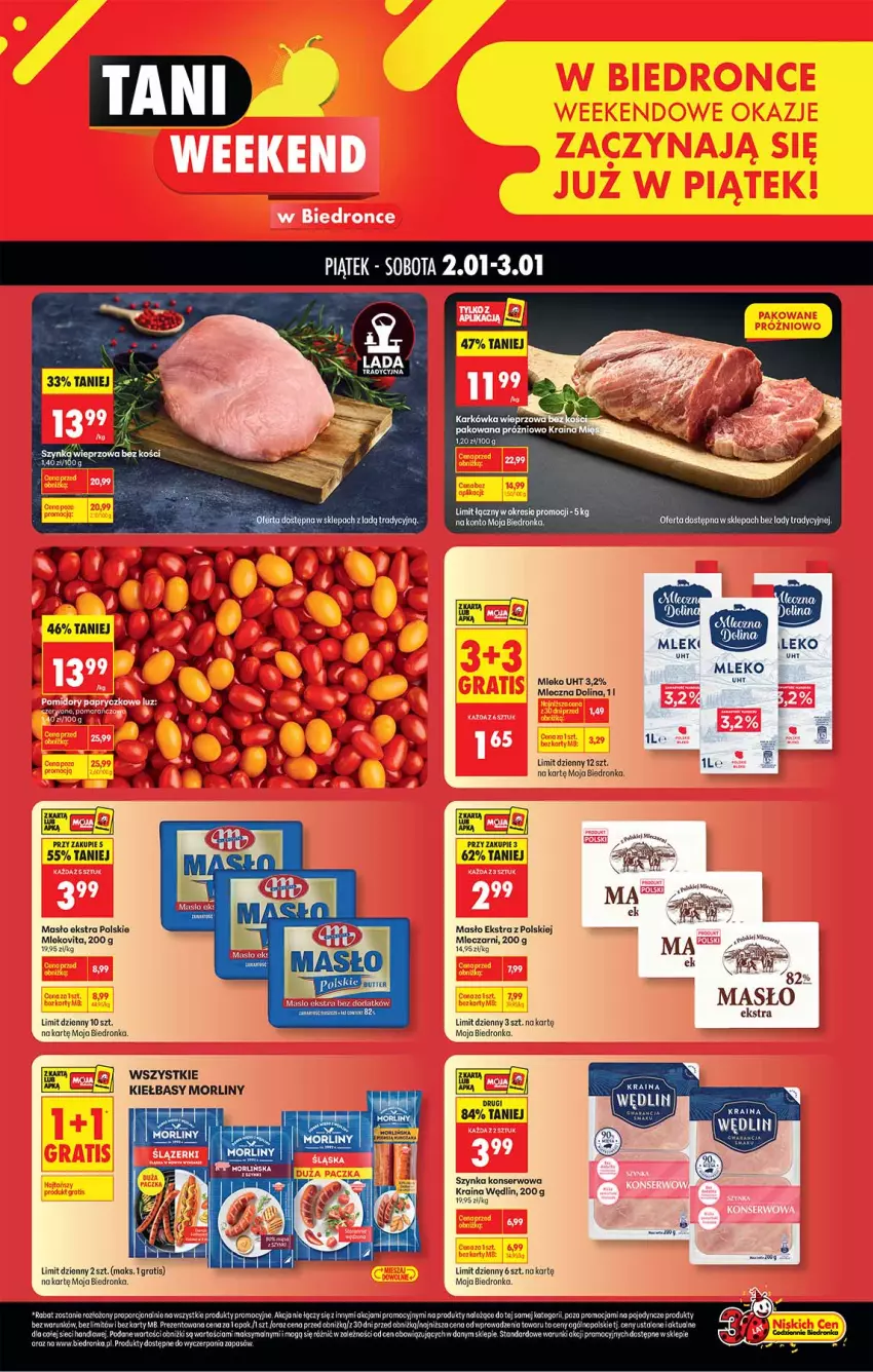 Gazetka promocyjna Biedronka - Tani Weekend - ważna 02.01 do 03.01.2026 - strona 1 - produkty: Fa, Gra, Masło, Mleko, Mlekovita, Morliny, Por, Ser, Szynka, Szynka konserwowa
