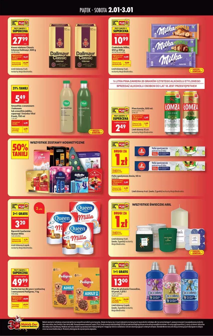 Gazetka promocyjna Biedronka - Tani Weekend - ważna 02.01 do 03.01.2026 - strona 2 - produkty: Ananas, Coccolino, Czekolada, Dallmayr, Gra, Kawa, Kawa mielona, Kokos, Limonka, Milka, Pedigree, Piwa, Piwo, Ręcznik, Smoothie, Sucha karma, Warzywa