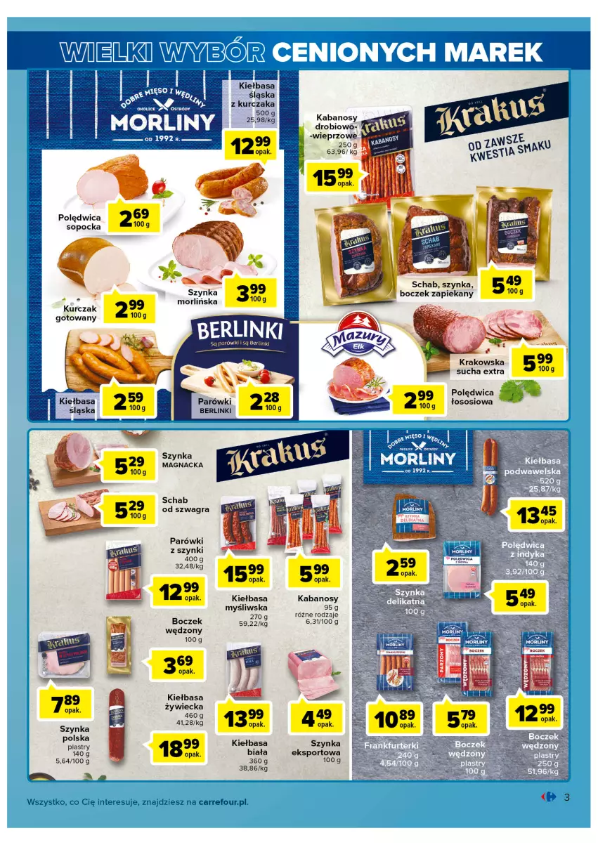 Gazetka promocyjna Carrefour - Gazetka Wielki wybór cenionych marek - ważna 31.05 do 11.06.2022 - strona 3 - produkty: Berlinki, Boczek, Gra, Kabanos, Kiełbasa, Kiełbasa śląska, Kurczak, Kurczak gotowany, Parówki, Parówki z szynki, Polędwica, Por, Sos, Sport, Szynka