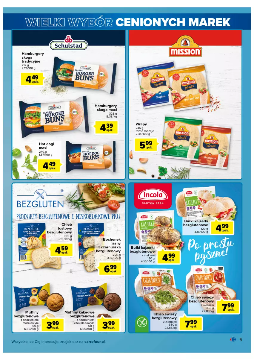 Gazetka promocyjna Carrefour - Gazetka Wielki wybór cenionych marek - ważna 31.05 do 11.06.2022 - strona 5 - produkty: Burger, Chleb, Hamburger, Hot dog, Kakao, Muffiny