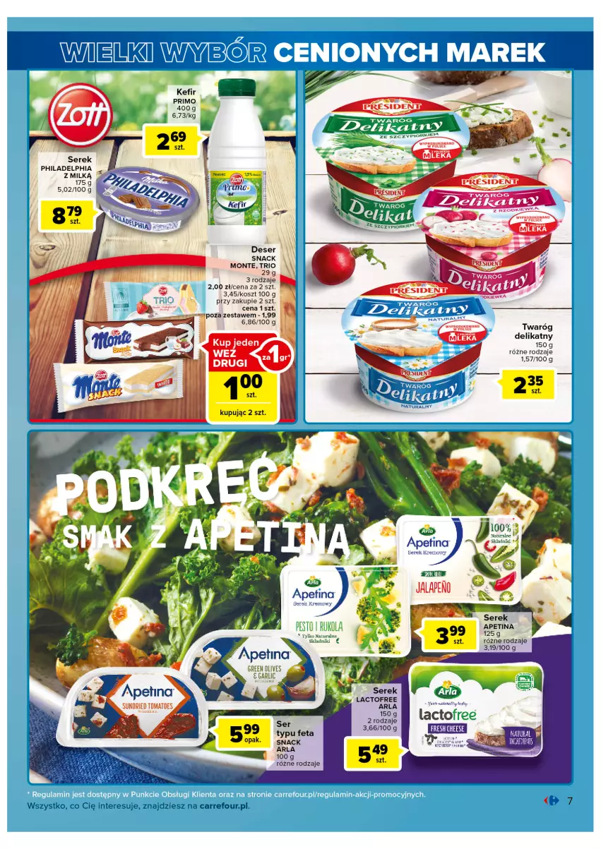 Gazetka promocyjna Carrefour - Gazetka Wielki wybór cenionych marek - ważna 31.05 do 11.06.2022 - strona 7 - produkty: Feta, Kefir, Kosz, Monte, Philadelphia, Ser, Serek, Twaróg