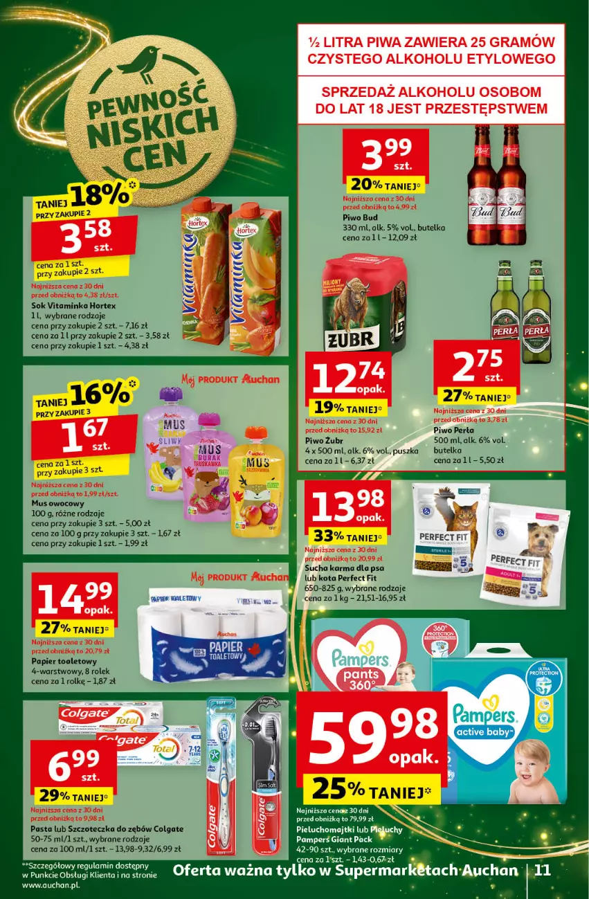 Gazetka promocyjna Auchan - Pewność Niskich Cen Supermarket - ważna 14.11 do 20.11.2024 - strona 13 - produkty: Colgate, Hortex, Inka, LG, Majtki, Mus, Papier, Papier toaletowy, Perła, Pieluchomajtki, Piwo, Sok, Sucha karma, Szczoteczka, Szczoteczka do zębów