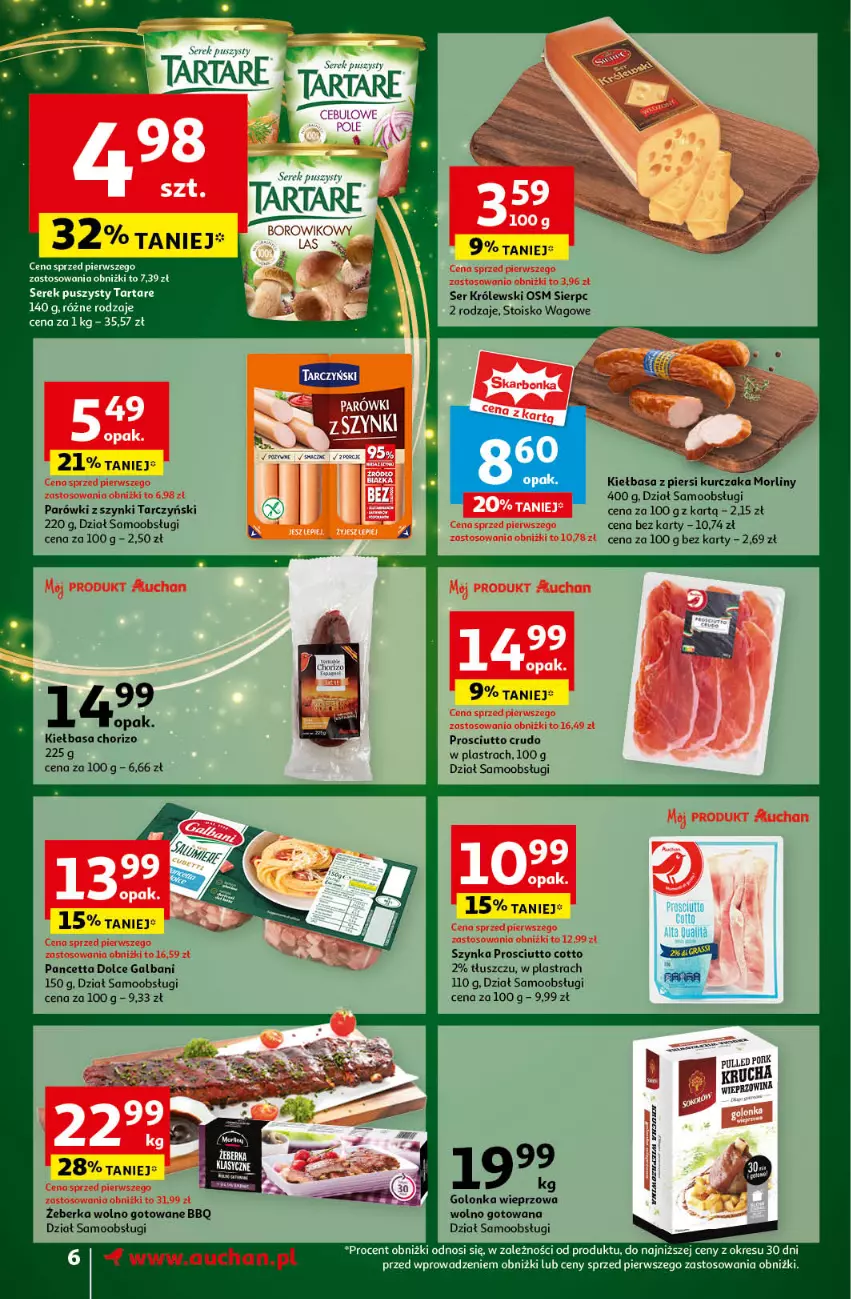 Gazetka promocyjna Auchan - Pewność Niskich Cen Supermarket - ważna 14.11 do 20.11.2024 - strona 8 - produkty: Galbani, Golonka wieprzowa, Kiełbasa, Kiełbasa z piersi kurczaka, Królewski, Kurczak, Morliny, Parówki, Parówki z szynki, Por, Prosciutto, Ser, Serek, Serek puszysty, Szynka, Tarczyński, Tarta, Tartare, Wieprzowina