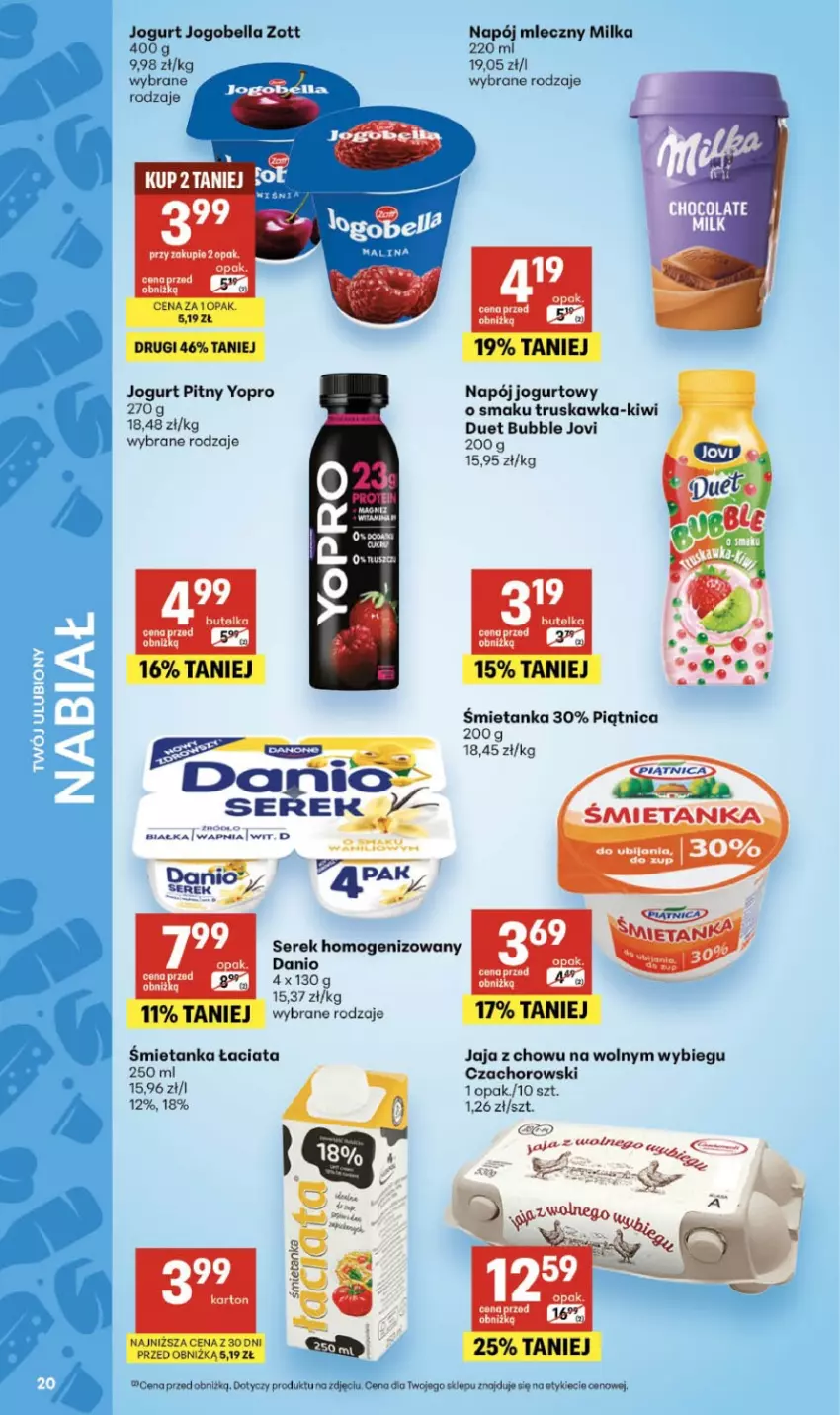 Gazetka promocyjna Delikatesy Centrum - Franczyza DC25 Czwartek - ważna 18.06 do 24.06.2026 - strona 20 - produkty: Bell, Bella, Danio, Jaja, Jogobella, Jogurt, Jogurt pitny, Kiwi, LG, Milka, Napój, Napój jogurtowy, Napój mleczny, Piątnica, Ser, Serek, Serek homogenizowany, Zott