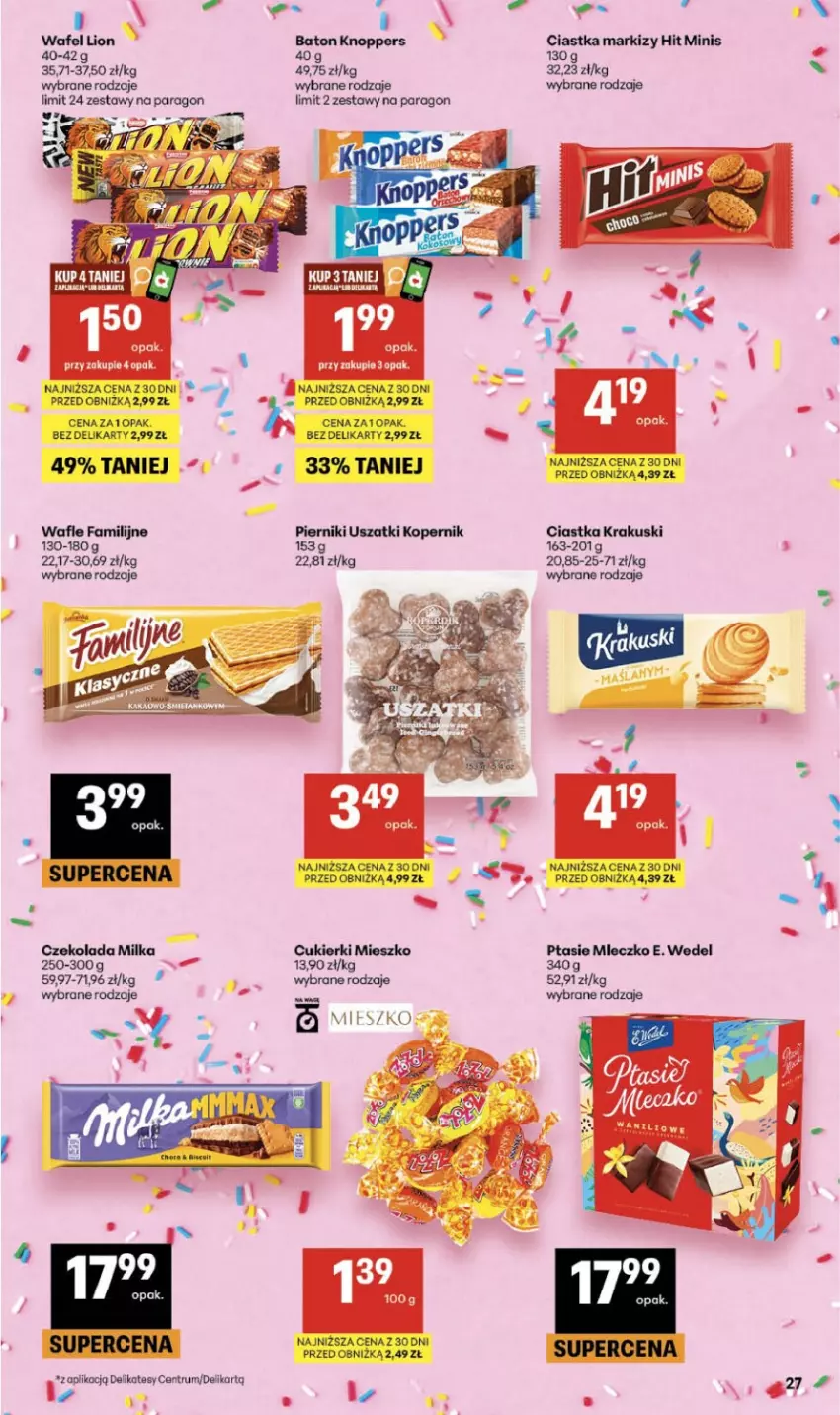 Gazetka promocyjna Delikatesy Centrum - Franczyza DC25 Czwartek - ważna 18.06 do 24.06.2026 - strona 27 - produkty: Baton, Ciastka, Cukier, Cukierki, Czekolada, E. Wedel, Fa, Knoppers, Krakus, Krakuski, Lion, Milka, Mleczko, Piernik, Ptasie mleczko, Pur, Rum, Wafle
