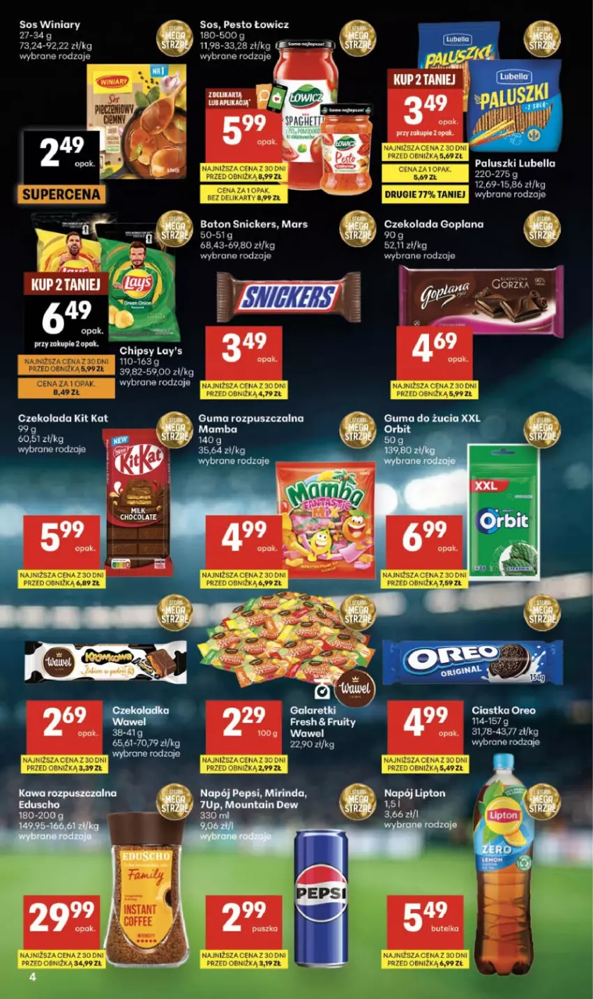 Gazetka promocyjna Delikatesy Centrum - Franczyza DC25 Czwartek - ważna 18.06 do 24.06.2026 - strona 4 - produkty: Baton, Chipsy, Czekolada, Goplana, Guma rozpuszczalna, Kit Kat, LANA, Mars, Mirinda, Napój, Pepsi, Pesto, Snickers, Sos, Wawel, Winiary