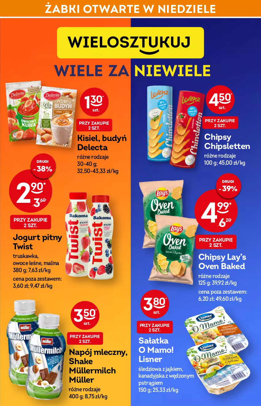 Gazetka promocyjna Żabka - ważna 09.03 do 15.03.2022 - strona 13 - produkty: Budyń, Chipsy, Delecta, Jogurt, Jogurt pitny, Kisiel, Lay’s, Lisner, Müller, Müllermilch, Napój, Napój mleczny, Owoce, Pstrąg, Sałat, Sałatka