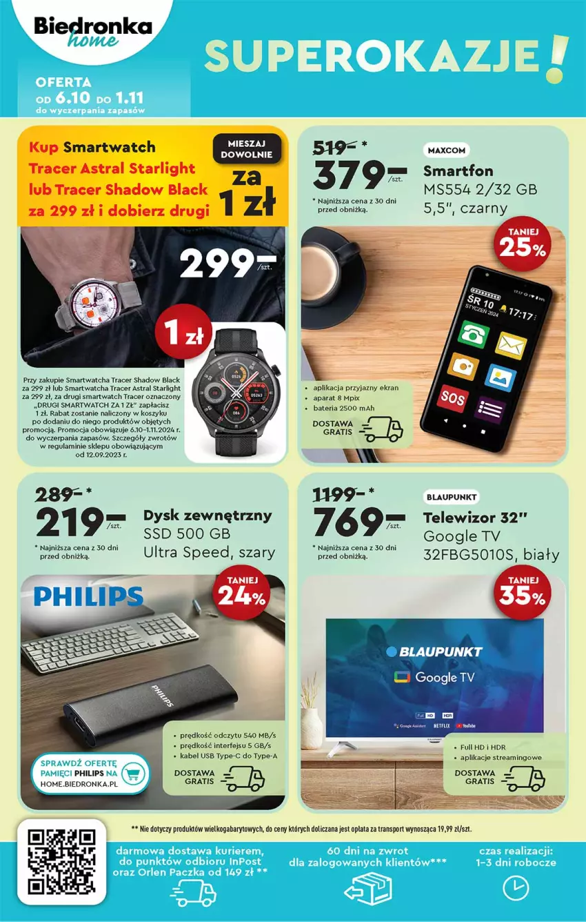 Gazetka promocyjna Biedronka - ważna 07.10 do 19.10.2024 - strona 34 - produkty: Acer, Bateria, Gra, Kabel USB, Kosz, Lack, Philips, Smartfon, Smartwatch, Telewizor