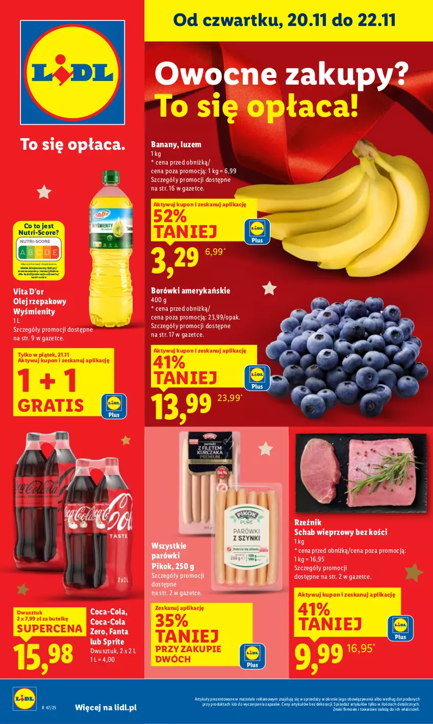 Gazetka promocyjna Lidl - GAZETKA - ważna 20.11 do 22.11.2025 - strona 1 - produkty: Banany, Coca-Cola, Fa, Fanta, Gra, Olej, Olej rzepakowy, Parówki, PIKOK, Schab wieprzowy, Sprite, Wazon
