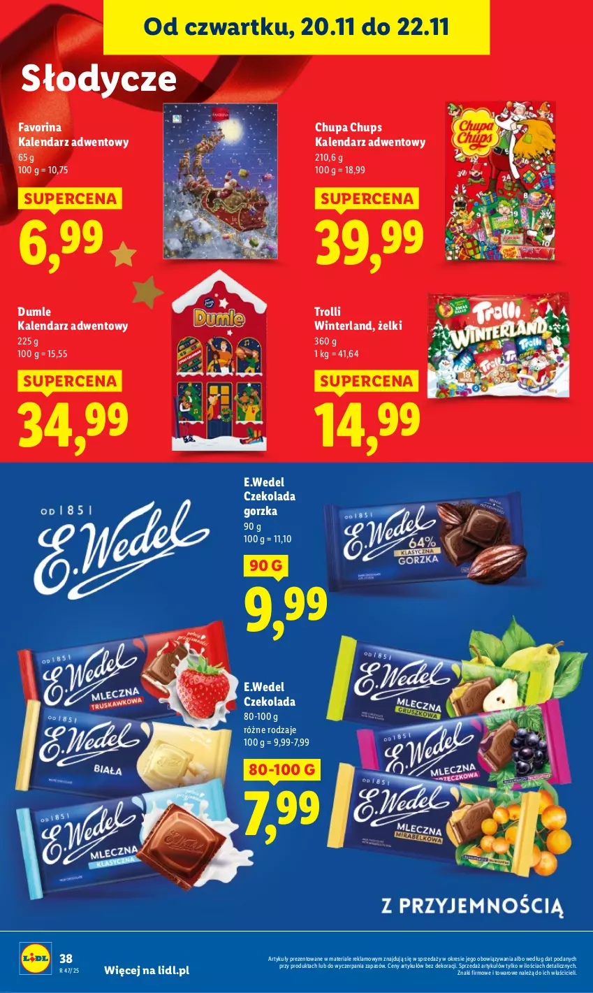Gazetka promocyjna Lidl - GAZETKA - ważna 20.11 do 22.11.2025 - strona 40 - produkty: Chupa Chups, Czekolada, Czekolada gorzka, Fa, Kalendarz, Kalendarz adwentowy