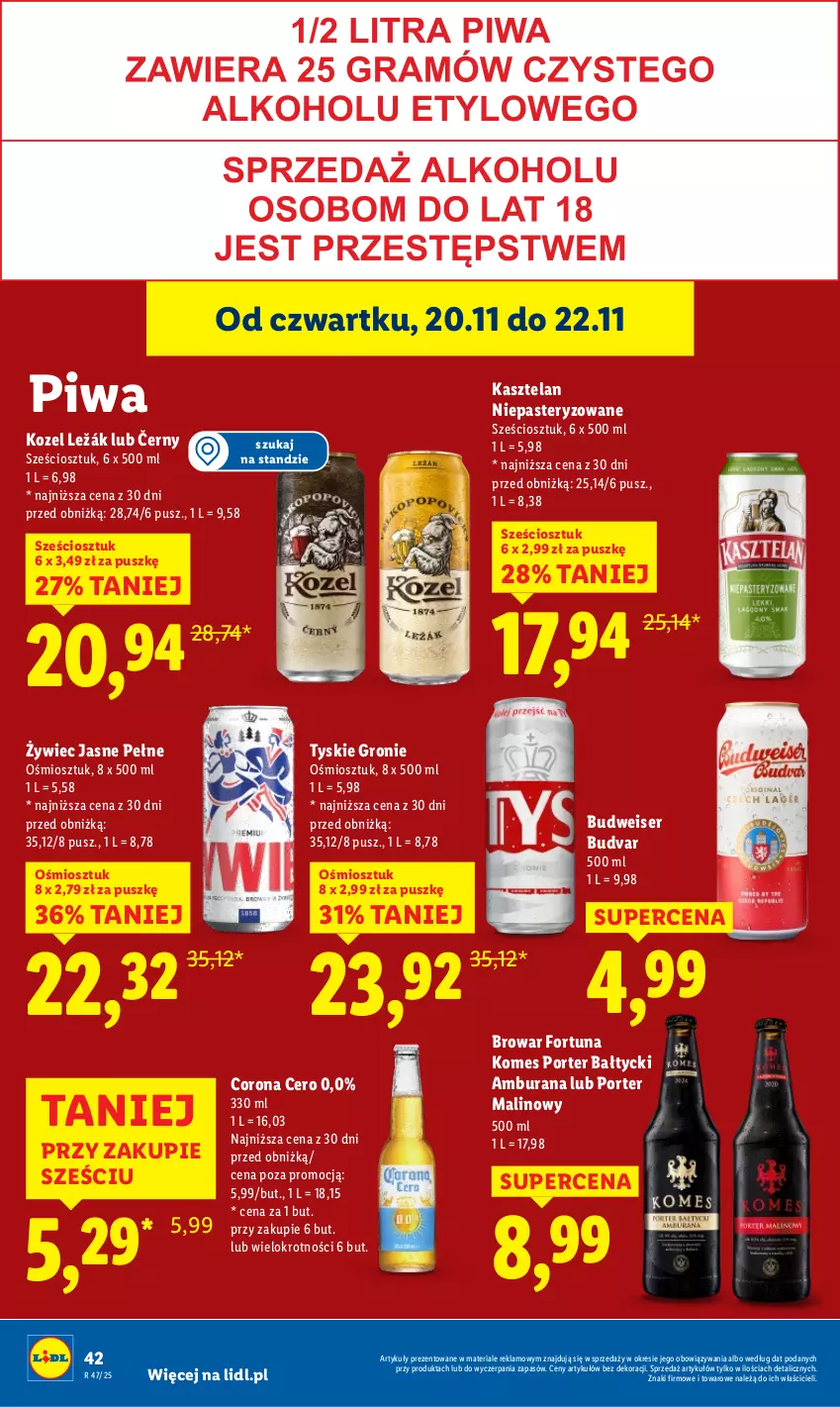 Gazetka promocyjna Lidl - GAZETKA - ważna 20.11 do 22.11.2025 - strona 46 - produkty: Fortuna, Kasztelan, Kozel, Piwa, Por, Ser, Tyskie