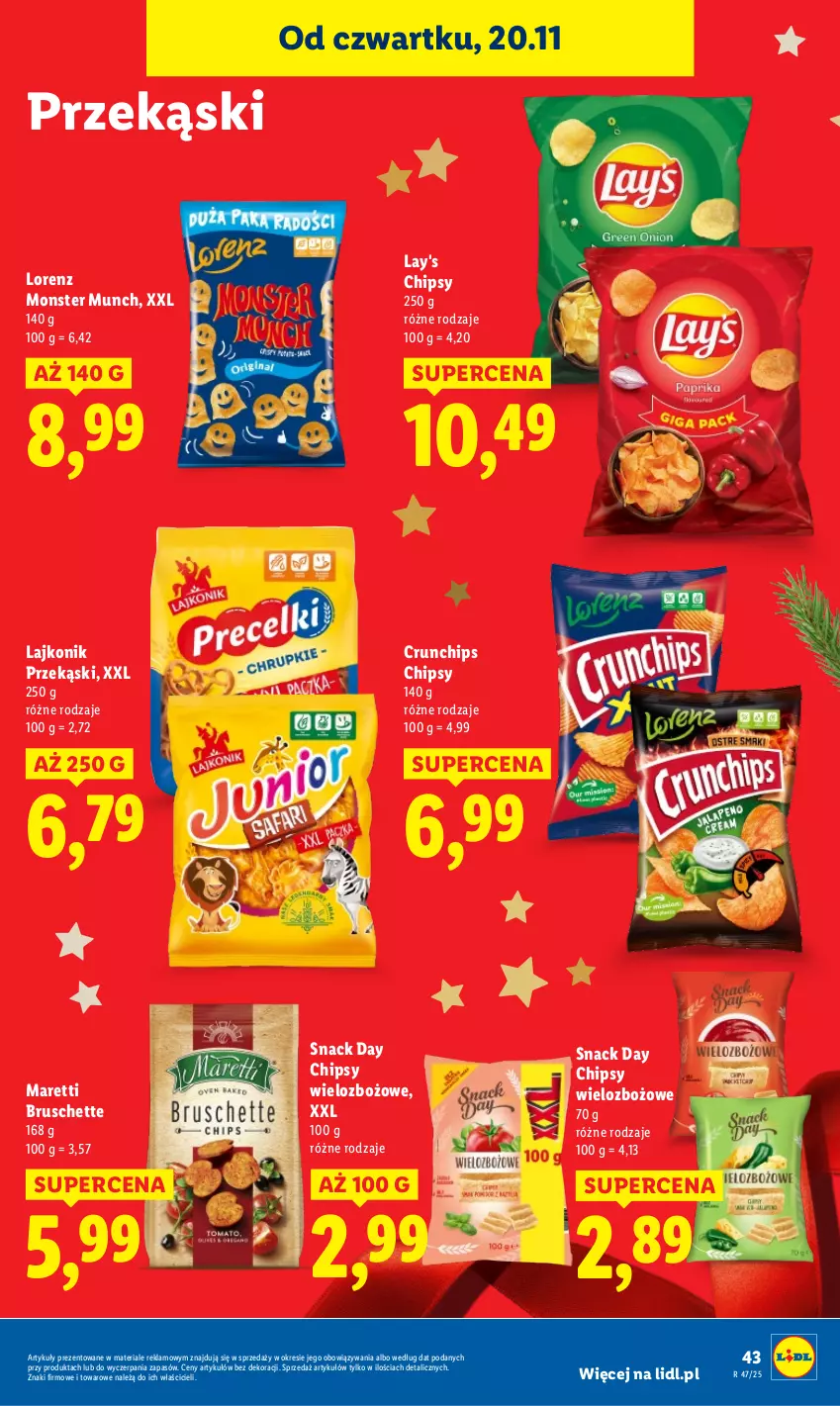 Gazetka promocyjna Lidl - GAZETKA - ważna 20.11 do 22.11.2025 - strona 47 - produkty: Bruschette, Chipsy, Crunchips, Lajkonik, Lorenz, Monster Munch