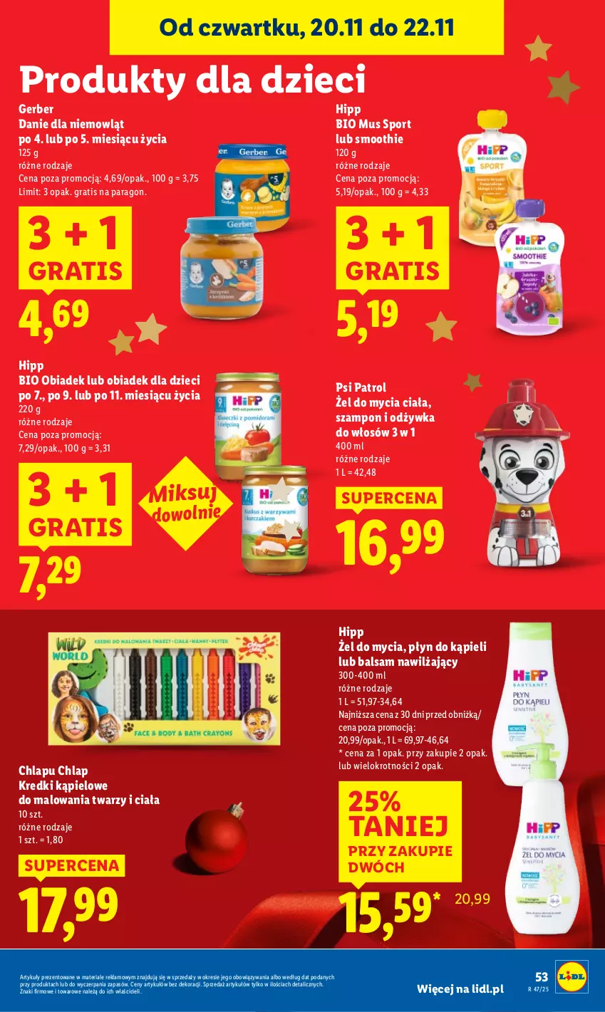 Gazetka promocyjna Lidl - GAZETKA - ważna 20.11 do 22.11.2025 - strona 57 - produkty: Dzieci, Gerber, Gra, HiPP, Hipp Bio, Mus, Odżywka, Płyn do kąpieli, Por, Psi Patrol, Smoothie, Sport, Szampon