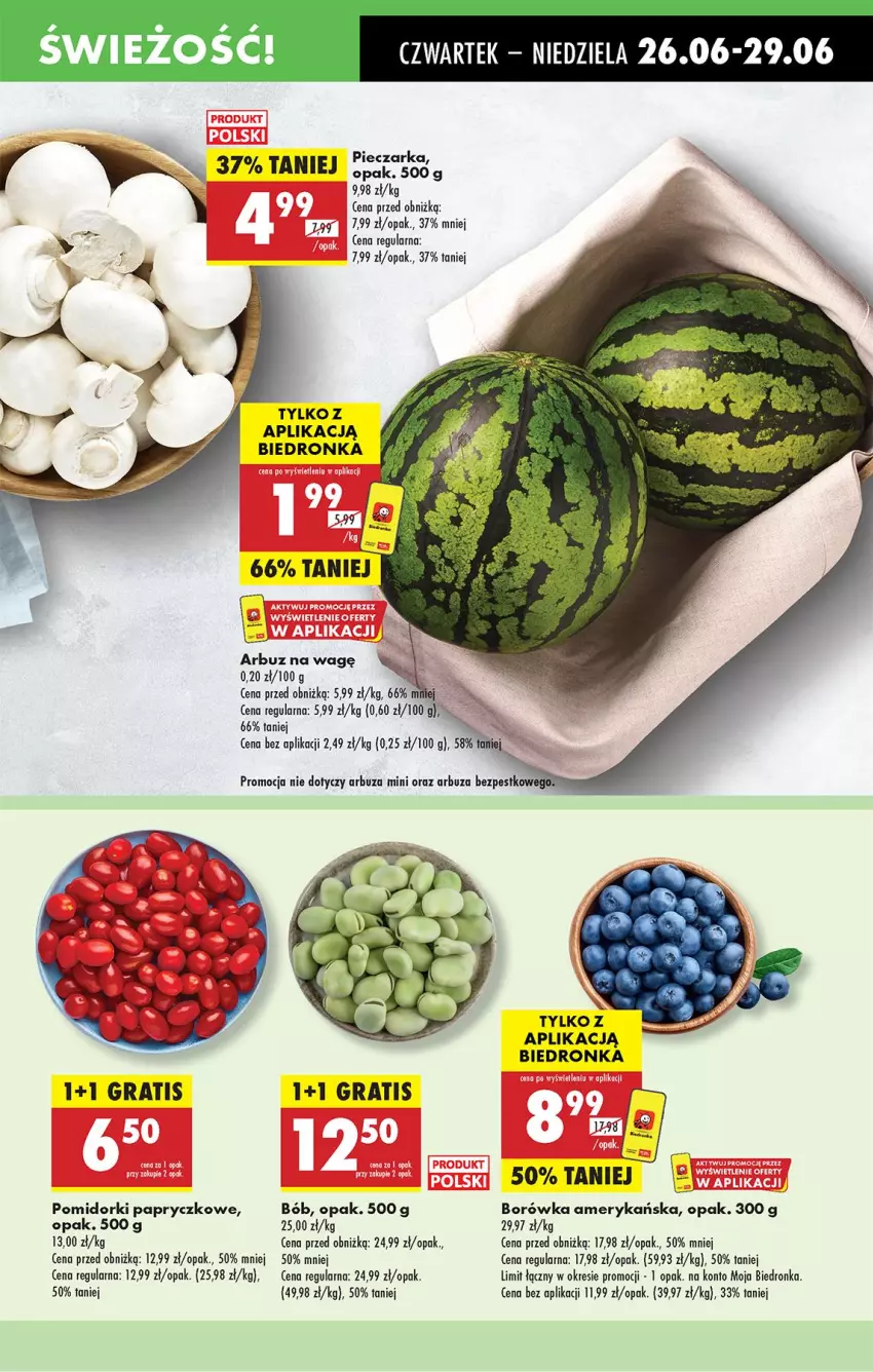 Gazetka promocyjna Biedronka - Od Czwartku - ważna 26.06 do 02.07.2025 - strona 19 - produkty: Arbuz, Borówka, Borówka amerykańska, Piec, Pieczarka, Pomidorki