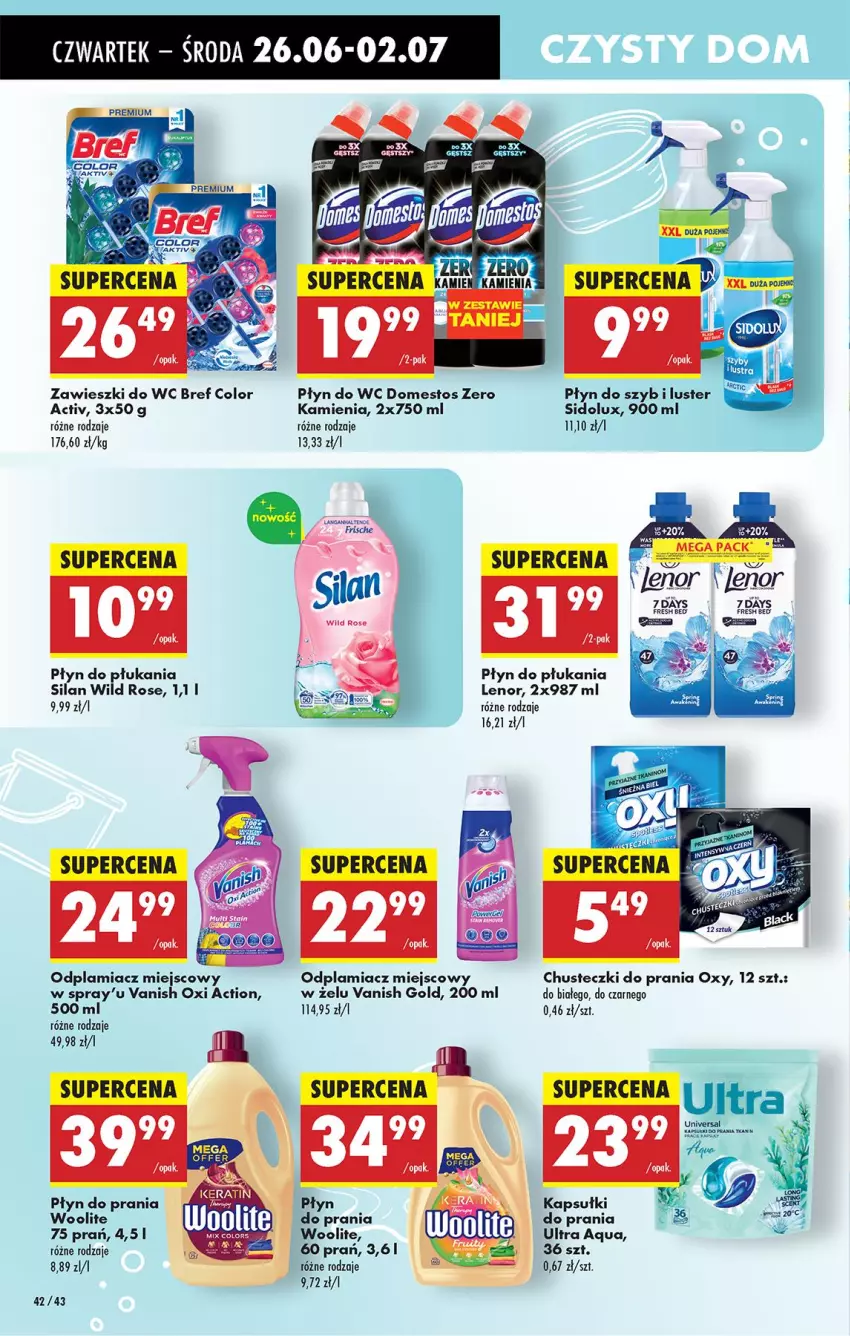 Gazetka promocyjna Biedronka - Od Czwartku - ważna 26.06 do 02.07.2025 - strona 54 - produkty: 7 Days, Bref, Chusteczki, Chusteczki do prania, Domestos, Lenor, Odplamiacz, Płyn do płukania, Płyn do prania, Płyn do wc, Sidolux, Silan, Vanish, Vanish Gold, Woolite, Zawieszki