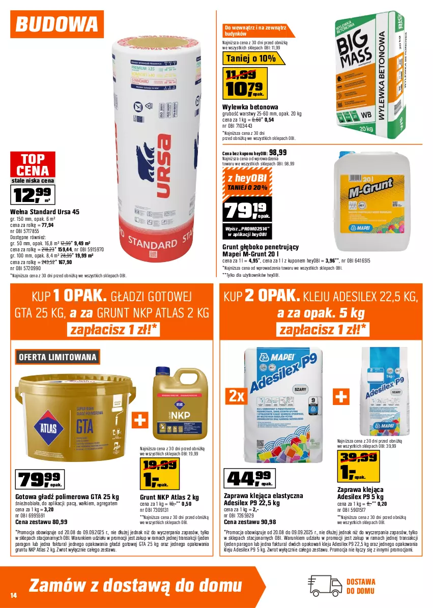 Gazetka promocyjna Obi - Gazetka OBI - ważna 20.08 do 09.09.2025 - strona 14 - produkty: Fa, Gładź polimerowa, Grunt, Klej, Rama, Top, Tran, Wełna, Wylewka betonowa