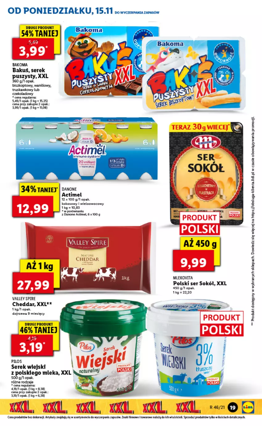 Gazetka promocyjna Lidl - GAZETKA - ważna 15.11 do 17.11.2021 - strona 19 - produkty: Actimel, Bakoma, Cheddar, Danone, Fa, Kokos, Mleko, Pilos, Por, Ser, Serek, Serek puszysty, Serek wiejski, Top