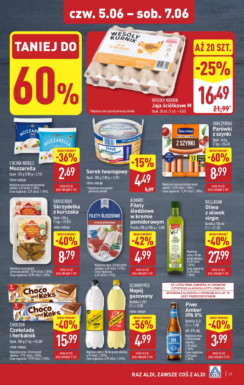 Gazetka promocyjna Aldi - Pełna oferta - ważna 02.06 do 07.06.2025 - strona 31 - produkty: Bell, Bella, Czekolada, Gin, Gra, Jaja, Kurczak, Mozzarella, Napój, Napój gazowany, Oliwa, Oliwa z oliwek, Parówki, Parówki z szynki, Piwa, Piwo, Schweppes, Ser, Serek, Serek twarogowy, Skrzydełka z kurczaka, Tarczyński