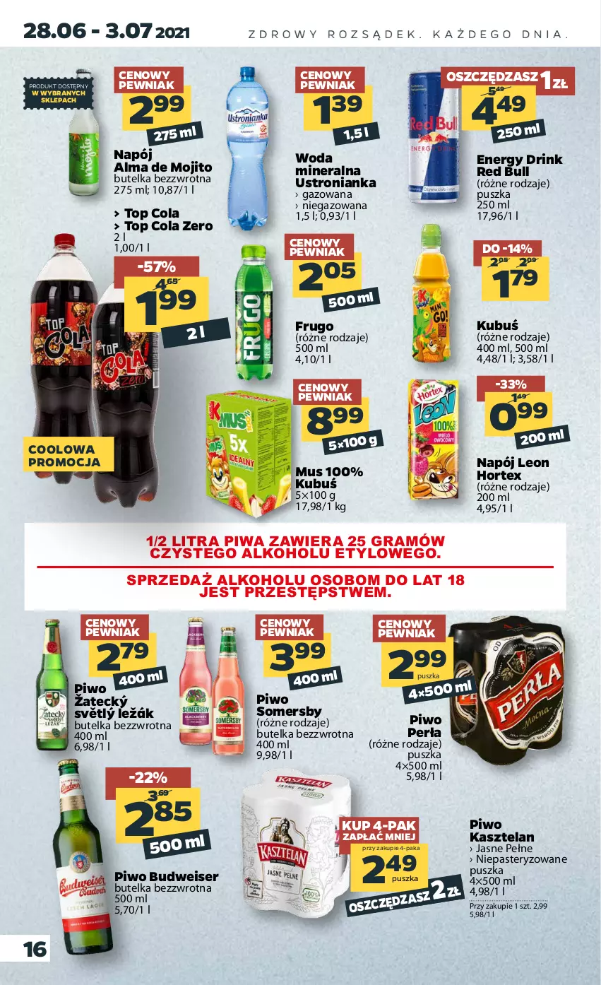 Gazetka promocyjna Netto - Gazetka spożywcza - ważna 28.06 do 03.07.2021 - strona 16 - produkty: Gra, Hortex, Kasztelan, Kubuś, Leon, Mus, Napój, Perła, Piwa, Piwo, Red Bull, Ser, Somersby, Top, Woda, Woda mineralna