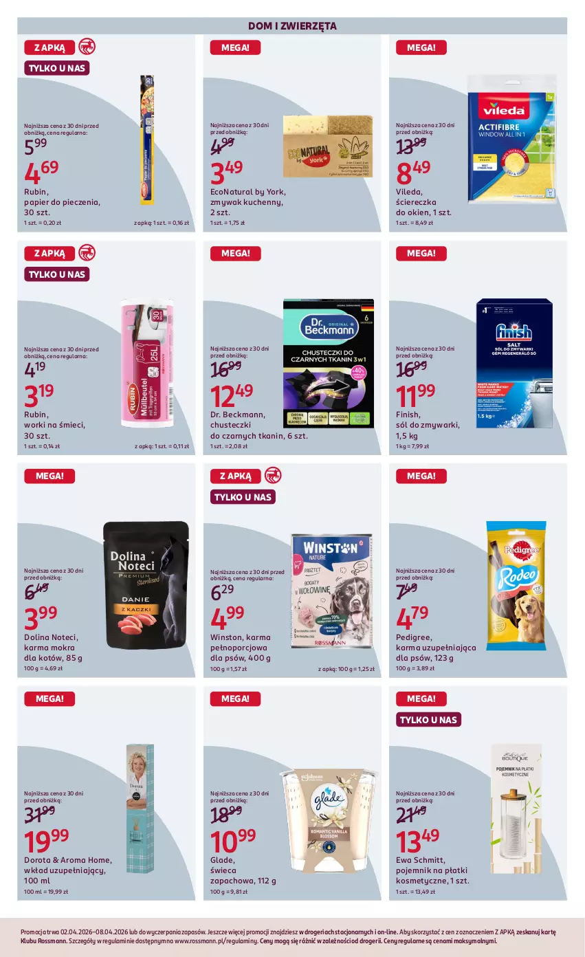 Gazetka promocyjna Rossmann - Gazetka promocyjna Rossmanna - ważna 02.04 do 08.04.2026 - strona 7 - produkty: Chusteczki, Ewa Schmitt, Finish, Karma mokra dla kotów, Papier, Papier do pieczenia, Pedigree, Piec, Płatki kosmetyczne, Pojemnik, Por, Rubin, Sól, Vileda, Winston, Worki na śmiec, Worki na śmieci, Zmywarki, Zwierzęta