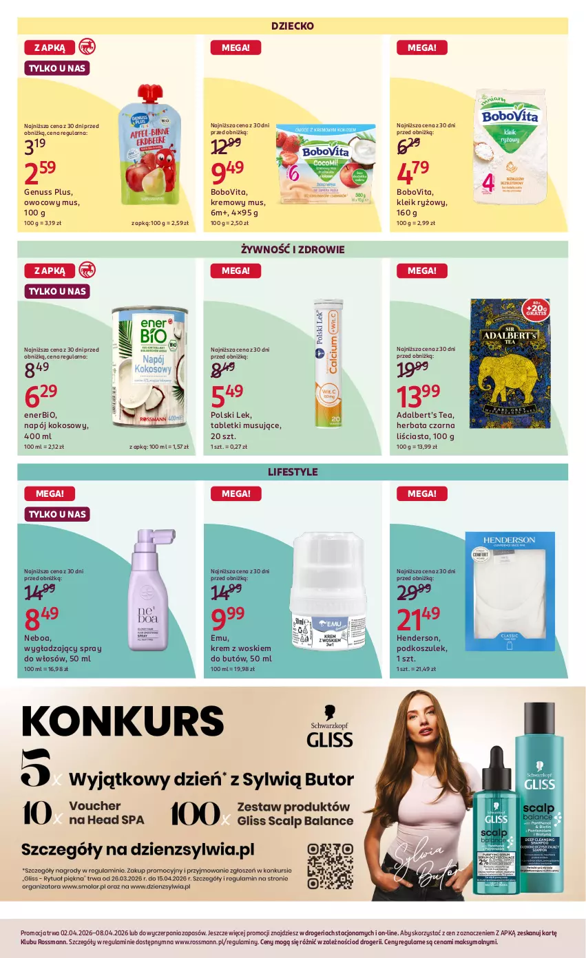 Gazetka promocyjna Rossmann - Gazetka promocyjna Rossmanna - ważna 02.04 do 08.04.2026 - strona 8 - produkty: BoboVita, Enerbio, Genuss Plus, Herbata, Herbata czarna, Kokos, Kosz, Mus, Napój, Podkoszulek, Ryż, Tablet, Tabletki musujące, Zdrowie