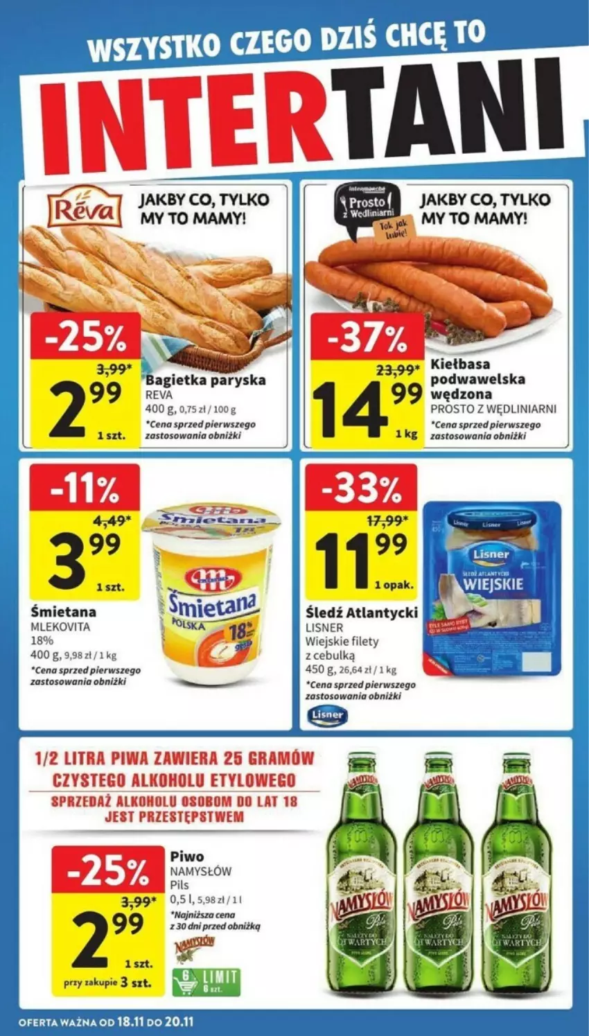 Gazetka promocyjna Intermarche - ważna 18.11 do 20.11.2024 - strona 2 - produkty: Kiełbasa, Kiełbasa podwawelska, Lisner, Mleko, Mlekovita, Namysłów, Piwo, Wawel