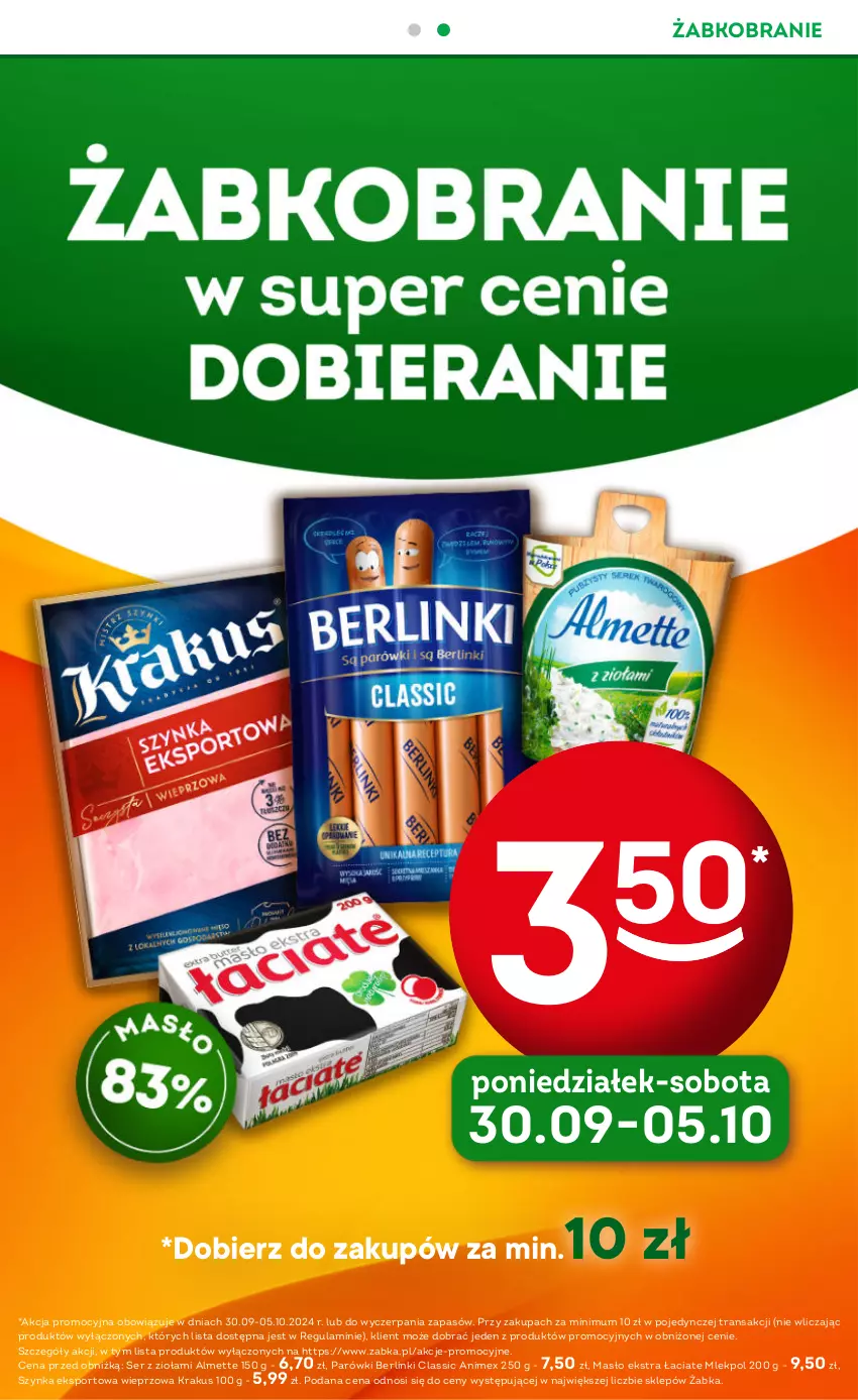 Gazetka promocyjna Żabka - ważna 25.09 do 08.10.2024 - strona 17 - produkty: Almette, Berlinki, Krakus, Masło, Parówki, Por, Ser, Sport, Szynka, Tran